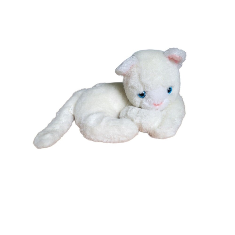 White Cat Plush Blue Eyes 10 Inch Graphics 1983 Stuffed Animal Vtg Jingle Tail